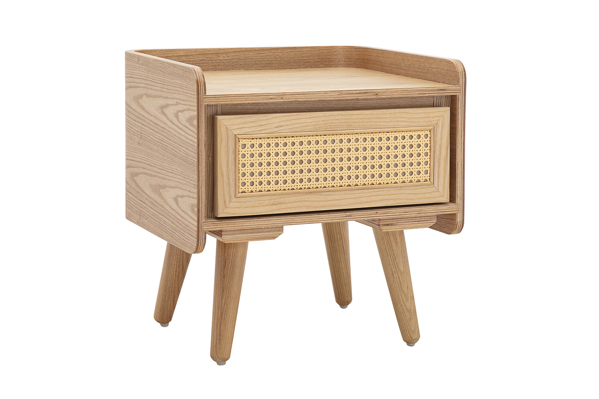 Nachttisch aus hellem Eschenholz mit Schublade aus Rattan-Geflecht, 3/4-Ansicht