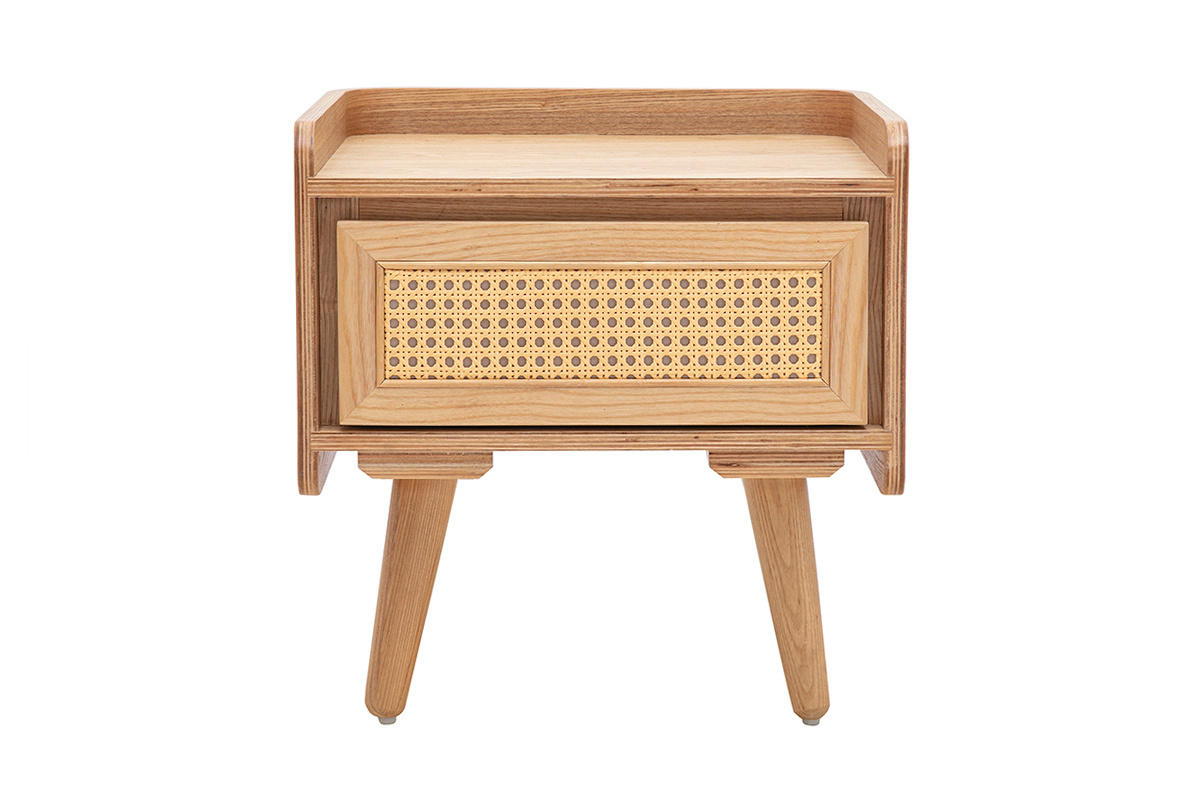 Nachttisch aus hellem Eschenholz mit Schublade aus Rattan-Geflecht, Vorderansicht