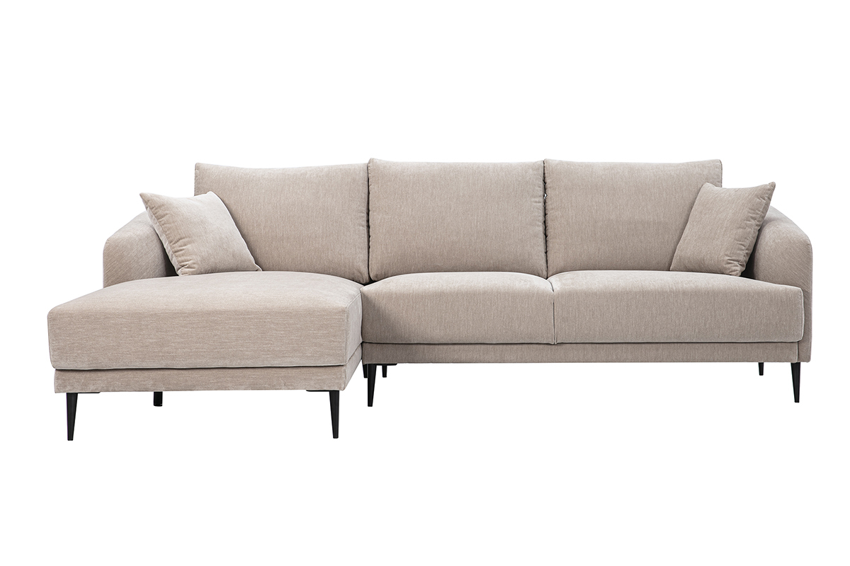 Linkes Ecksofa mit 3 Pl�tzen aus Stoff in Samtoptik in Taupe mit Recamiere, Frontansicht.