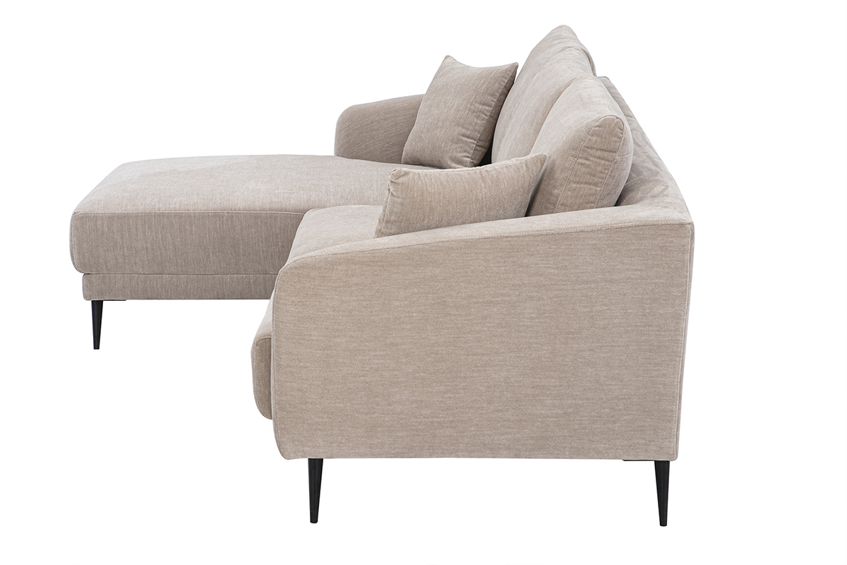 Linkes Ecksofa f�r 3 Personen aus taupefarbenem Stoff, Profilansicht mit Kissen.