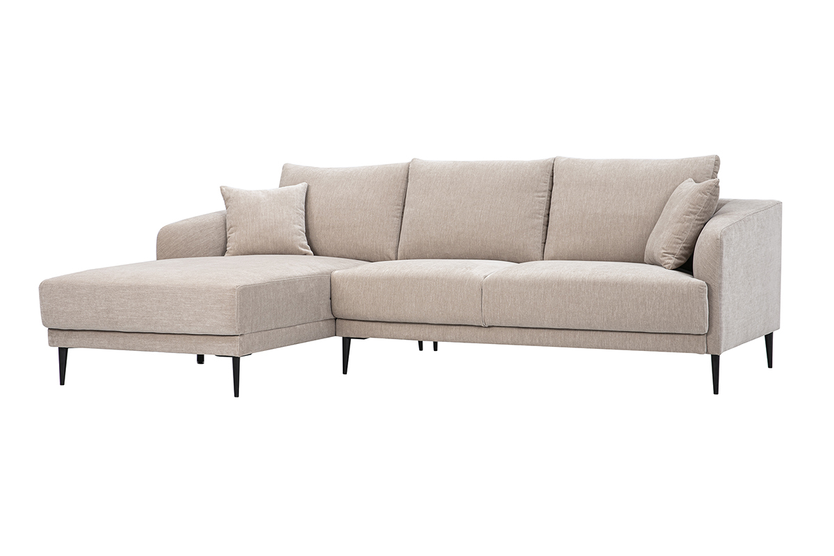 Linkes Ecksofa mit 3 Sitzpl�tzen aus taupefarbenem Stoff und schwarzen Metallf��en, 3/4-Ansicht.