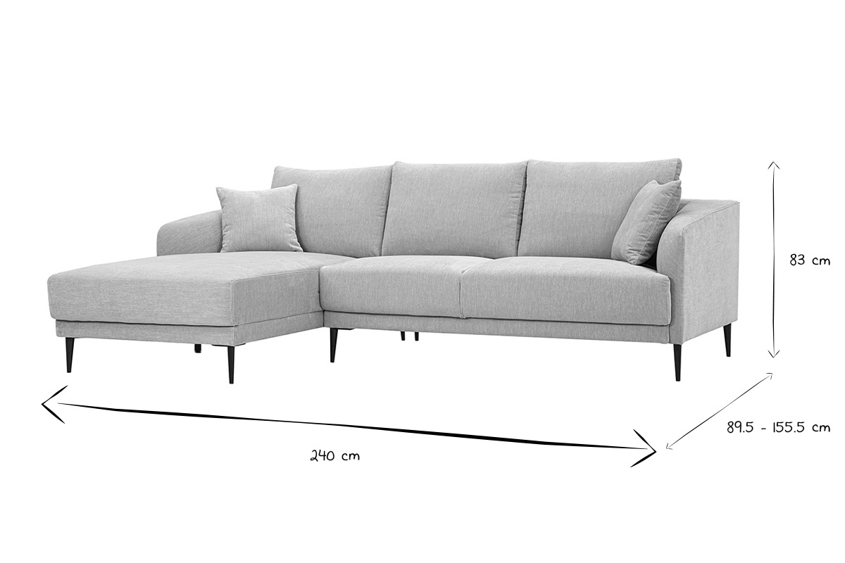 Abmessungen des linken Ecksofas JERRY, L240 x T89,5-155,5 x H83 cm, in Schwarz und Wei�.