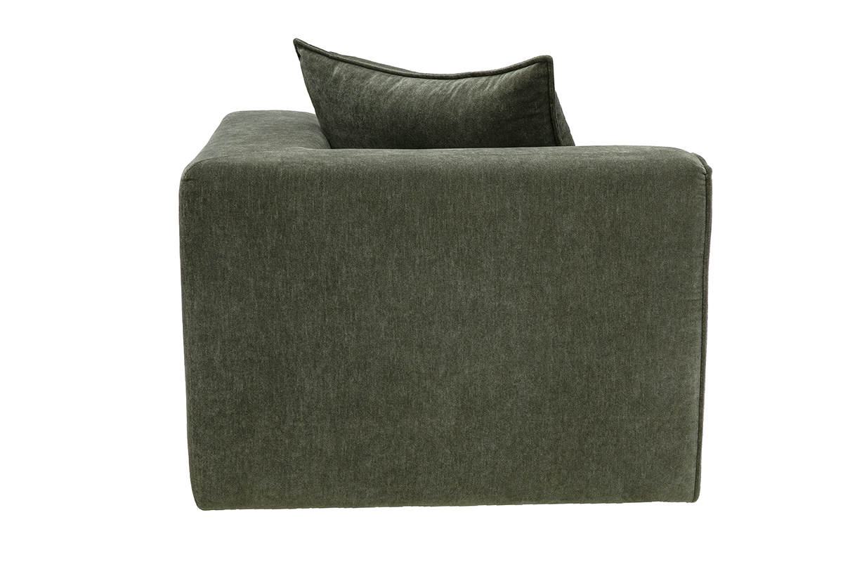 Linkes Eckmodul KERRY aus Stoff mit Samteffekt in Khaki-Gr�n, Seitenansicht mit R�ckenkissen.