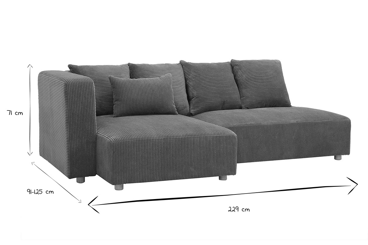 Abmessungen des linksseitigen 3-Sitzer-Ecksofas: L229 x T91-125 cm, H71 cm in Schwarz und Wei�.