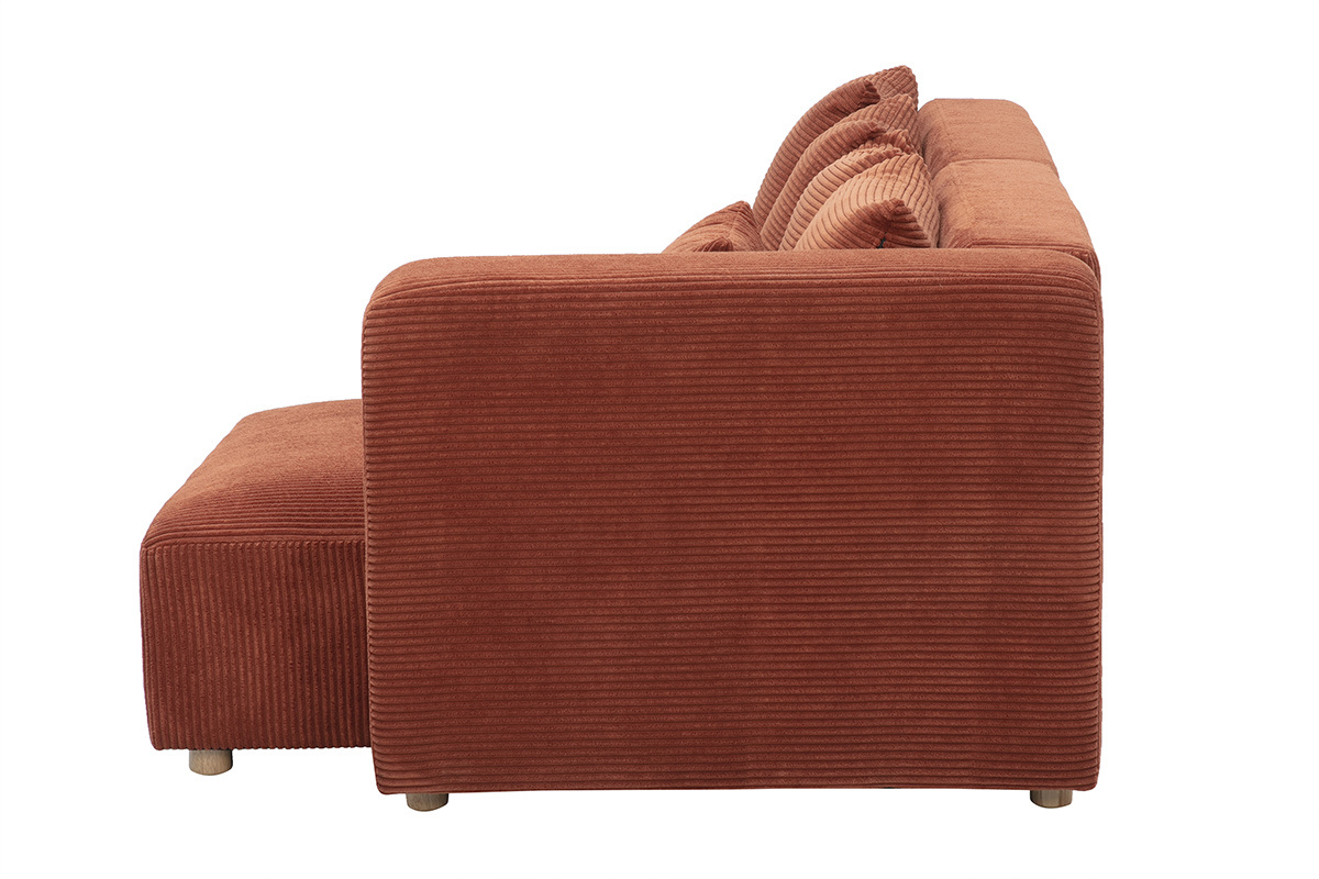 Linkes 3-Sitzer-Ecksofa aus geripptem Samtstoff in Terrakotta und hellem Holz HARLEM