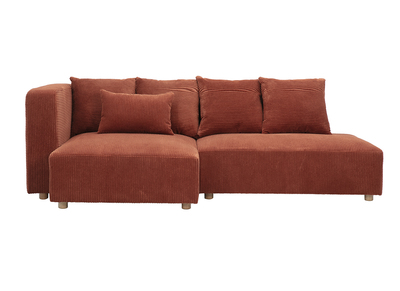 Linkes 3-Sitzer-Ecksofa aus geripptem Samtstoff in Terrakotta und hellem Holz HARLEM