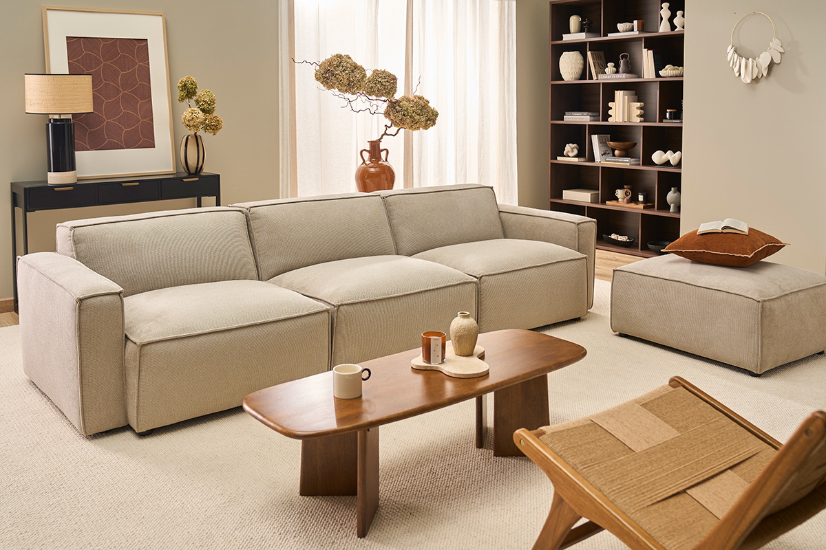Linkes Eckmodul f�r ein Sofa aus beigem Samt-Effekt Textil SPLIT