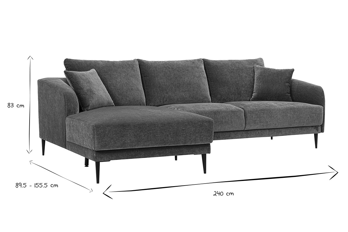 Abmessungen des linksseitigen Ecksofas JERRY in Schwarz und Wei�, B240 x T89,5-155,5 x H83 cm.