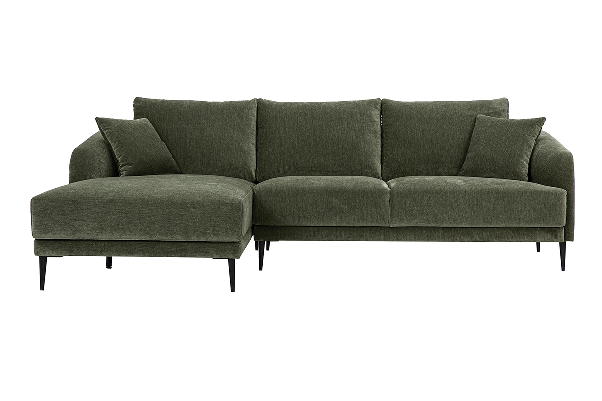 Linkes Ecksofa mit 3 Sitzpl�tzen aus gr�n-khaki Samtstoff und schwarzem Metall, Vorderansicht