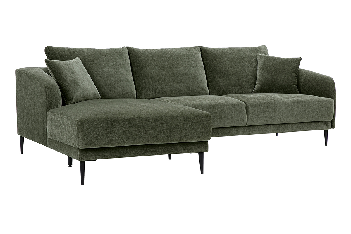 Linkes Ecksofa mit 3 Sitzpl�tzen aus khakigr�nem Stoff, mit Kissen, auf schwarzen Metallf��en