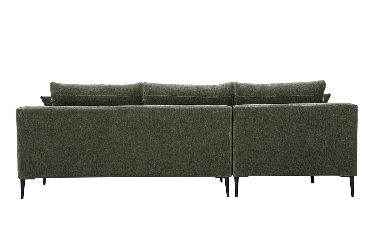 Linkes Ecksofa mit 3 Sitzpl�tzen aus khakigr�nem Stoff, R�ckansicht mit schwarzen Metallf��en.