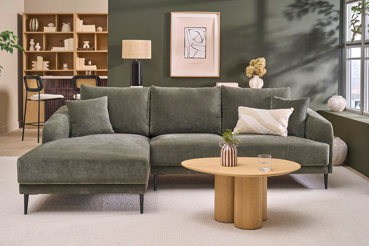Linkes Ecksofa 3-Sitzer aus Stoff in Samteffekt khakigr�n und schwarzem Metall JERRY