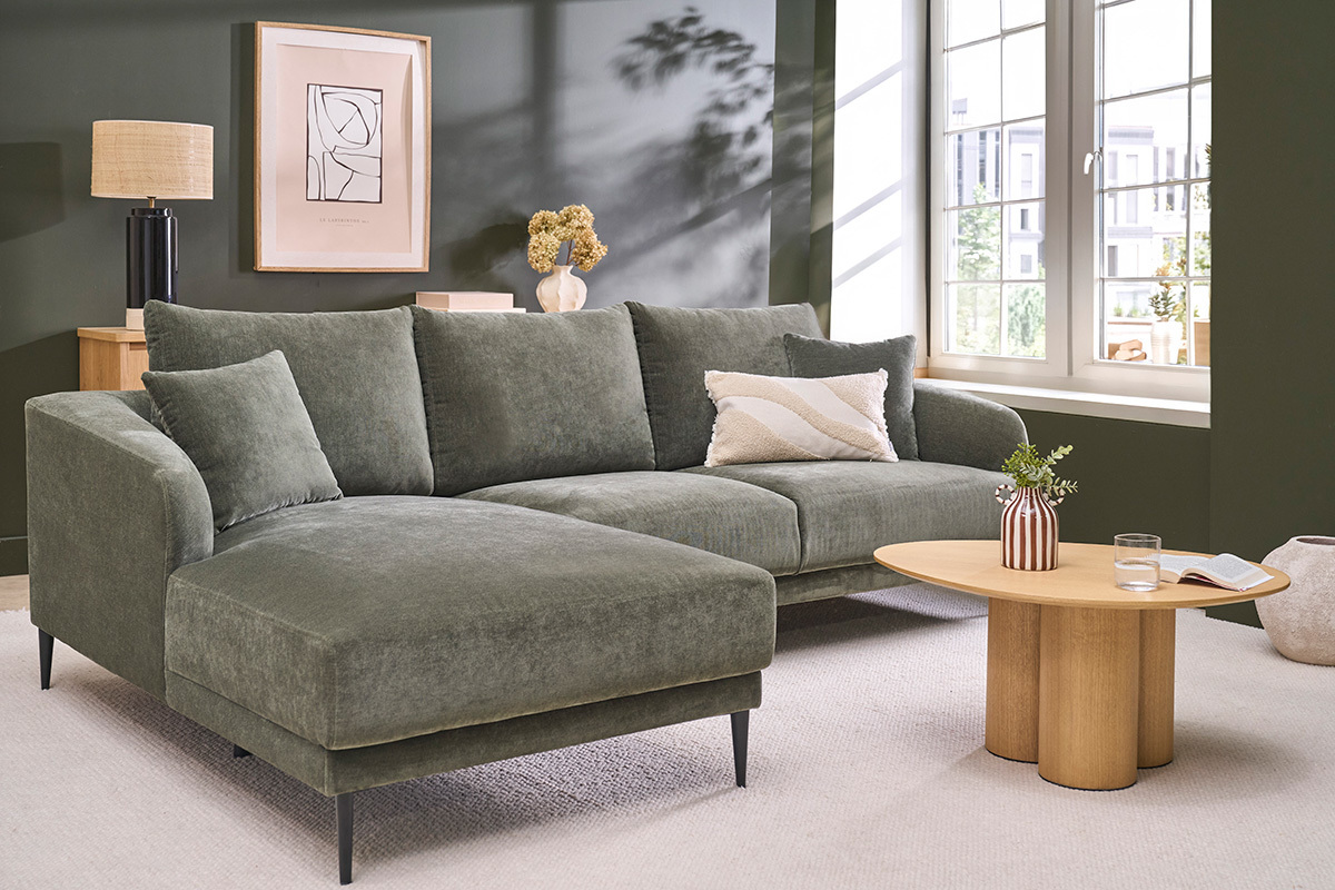 Linkes Ecksofa 3-Sitzer aus Stoff in Samteffekt khakigr�n und schwarzem Metall JERRY