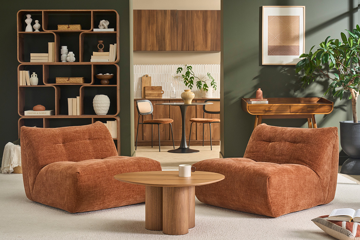 Lounge-Sessel in Samtoptik mit strukturierter Textur in gebrannter Erde BUMPY