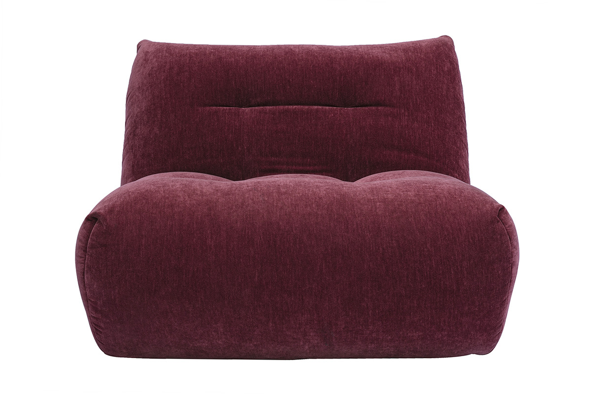 Lounge-Sessel BUMPY aus Stoff mit Samteffekt in Pflaume, Vorderansicht, modernes Design ohne Armlehnen.