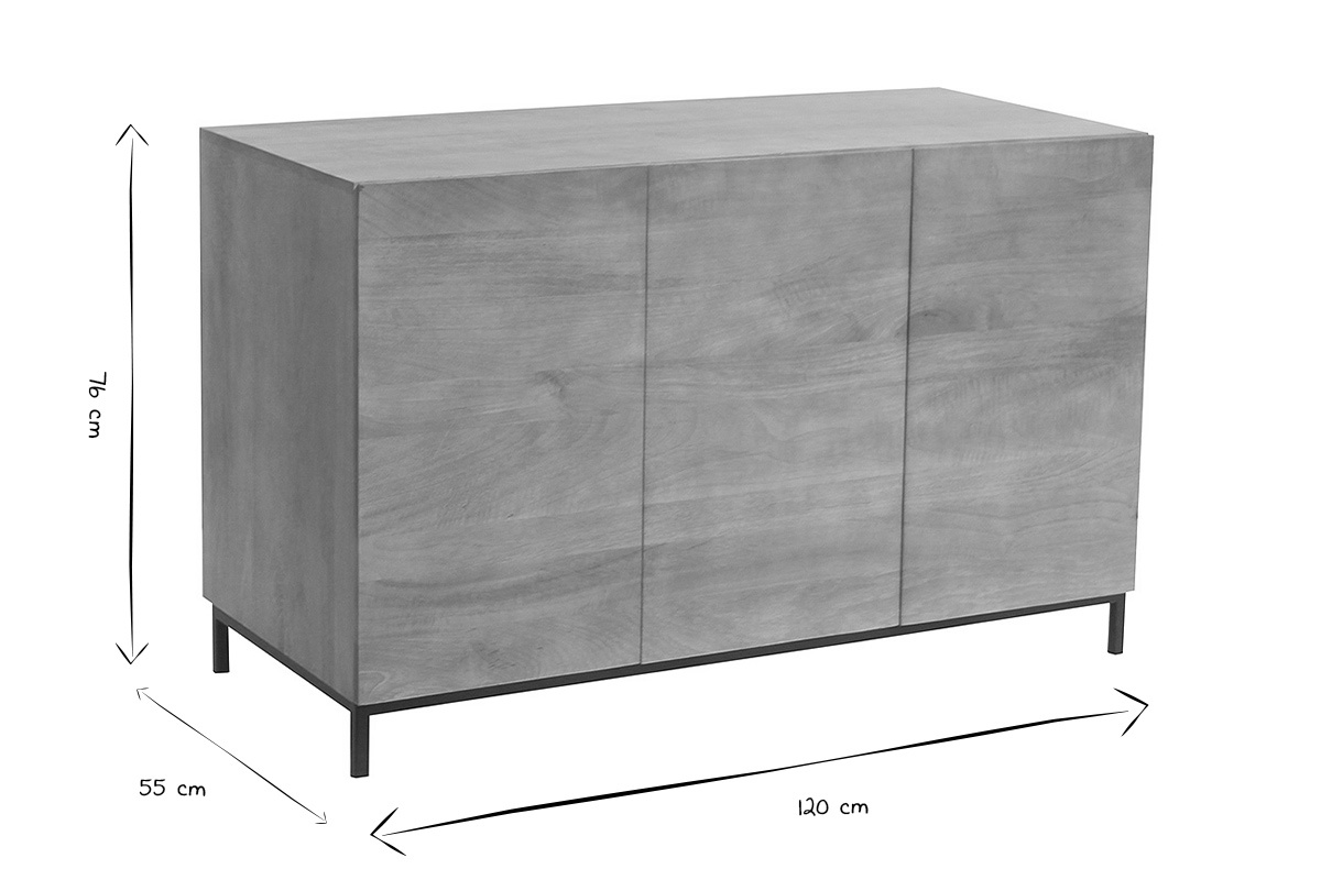 Abmessungen des Badezimmerschranks aus massivem Mangoholz, L120 cm, H76 cm, T55 cm, in Schwarz und Wei�.