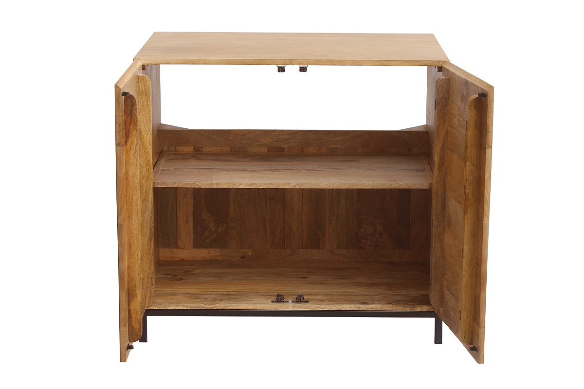 Badezimmerschrank aus massivem Mangoholz mit offenen T�ren, Vorderansicht.