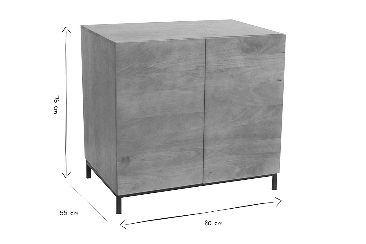 Abmessungen des Badezimmerm�bels aus massivem Mangoholz, B80 x T55 x H76 cm in Schwarz und Wei�.