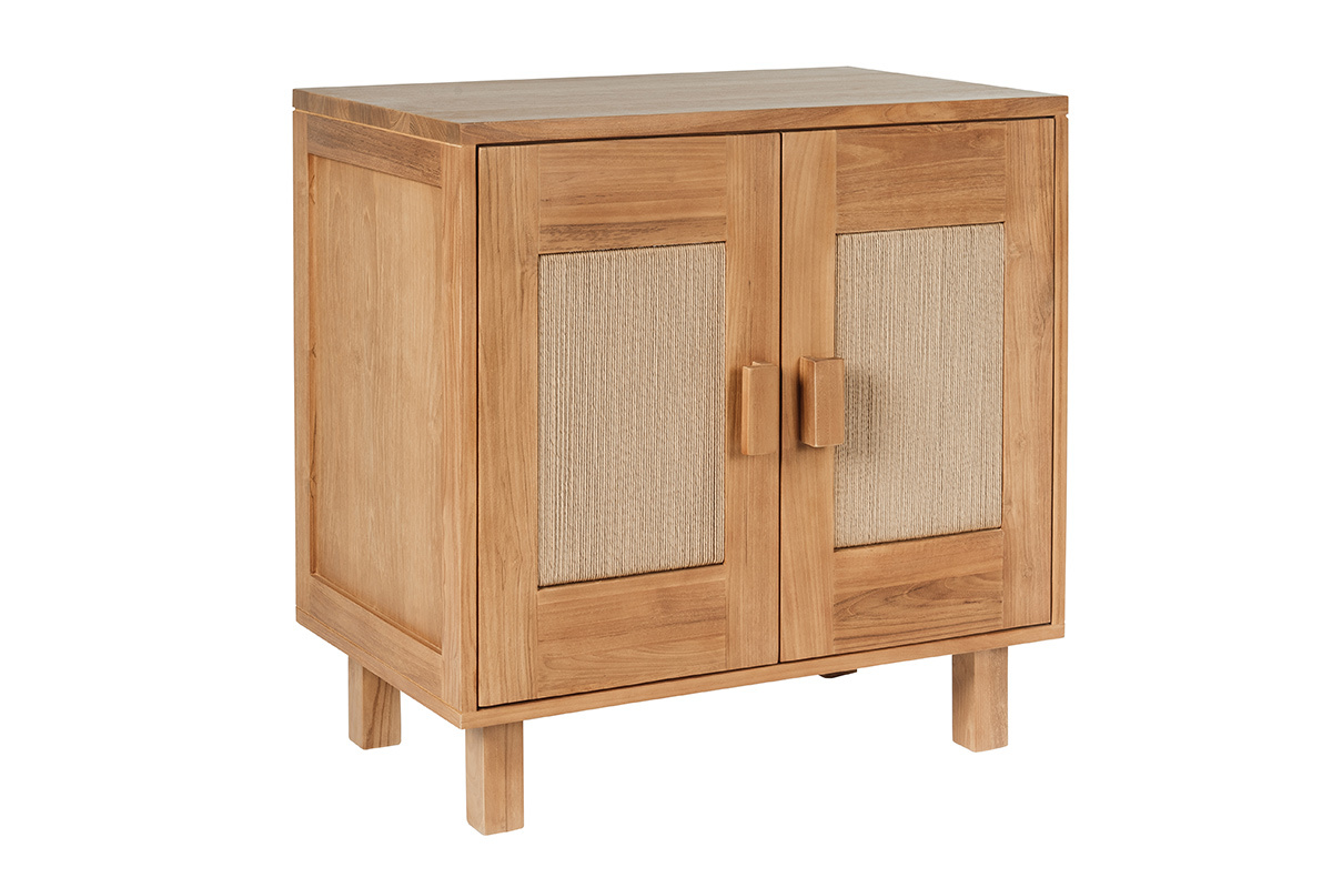 Badezimmerschrank aus massivem Teakholz und geflochtener Schnur, Dreiviertelansicht.