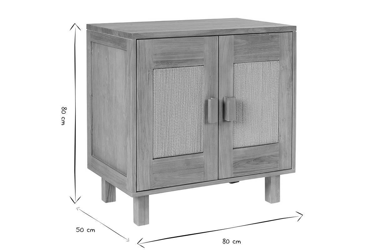 Ma�e des Badezimmerschranks aus Teakholz: 80 cm breit, 50 cm tief, 80 cm hoch, in Schwarz und Wei�.