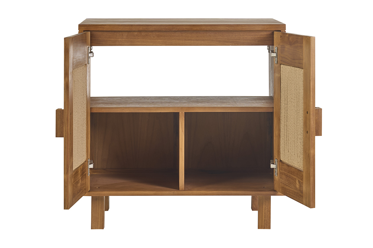 Badezimmerschrank aus massivem Teakholz mit T�ren aus geflochtenem Seil, Frontansicht.