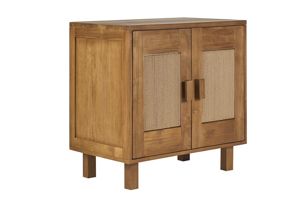 Badezimmerm�bel aus massivem Teakholz und geflochtener Schnur, 3/4-Ansicht, L80 cm, Modell MOSSA.