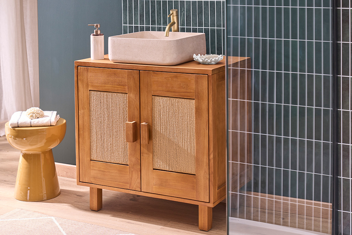 Massives Teakholz-Badezimmerm�bel mit geflochtenem Seil L80 cm MOSSA
