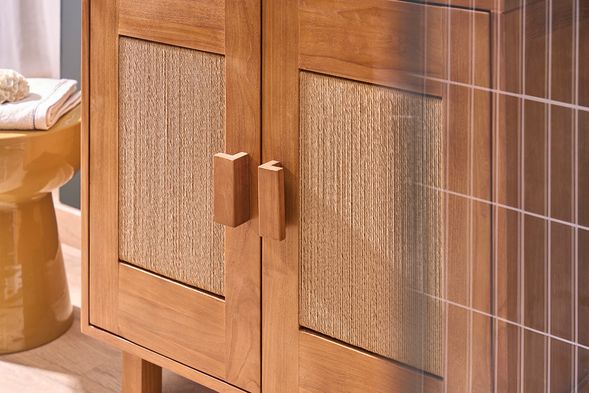 Massives Teakholz-Badezimmerm�bel mit geflochtenem Seil L80 cm MOSSA