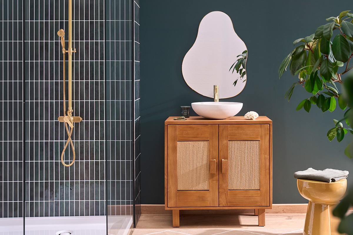 Massives Teakholz-Badezimmerm�bel mit geflochtenem Seil L80 cm MOSSA