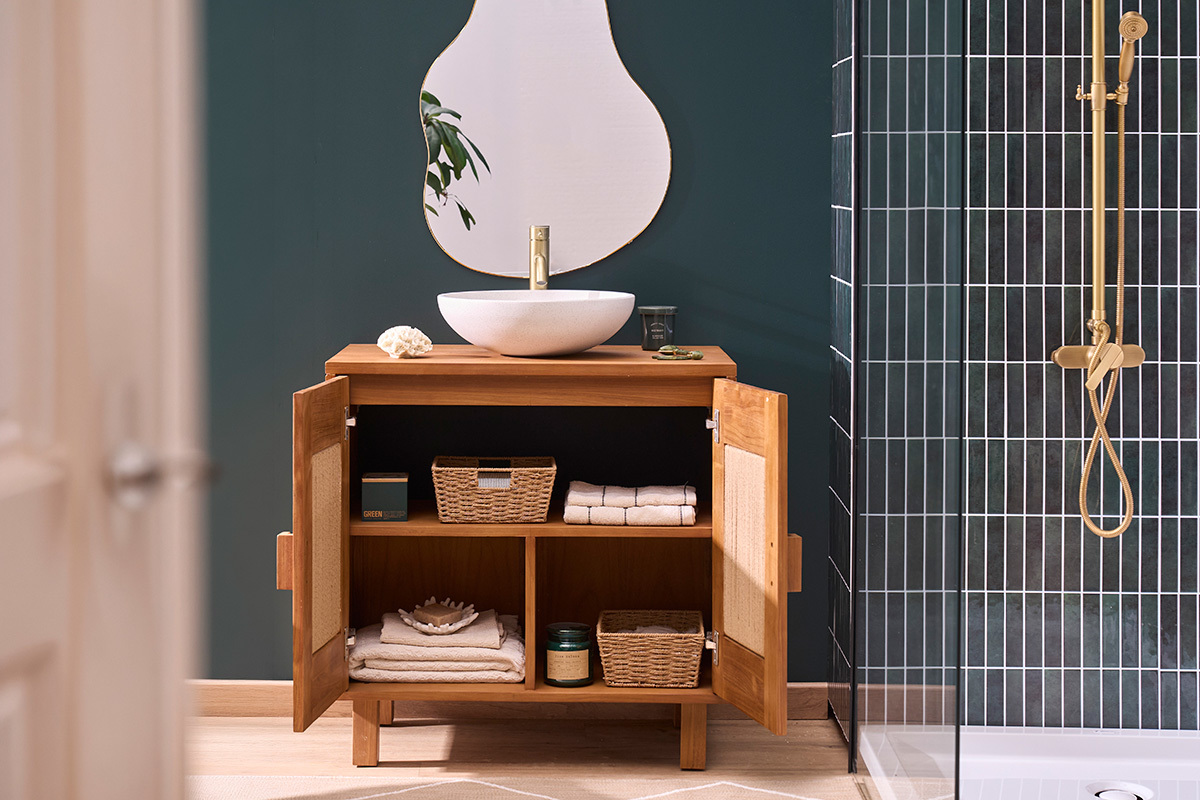 Massives Teakholz-Badezimmerm�bel mit geflochtenem Seil L80 cm MOSSA