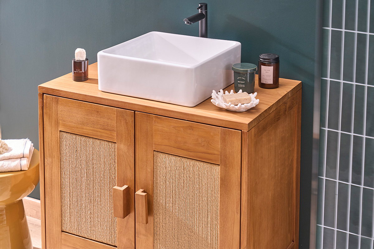 Massives Teakholz-Badezimmerm�bel mit geflochtenem Seil L80 cm MOSSA