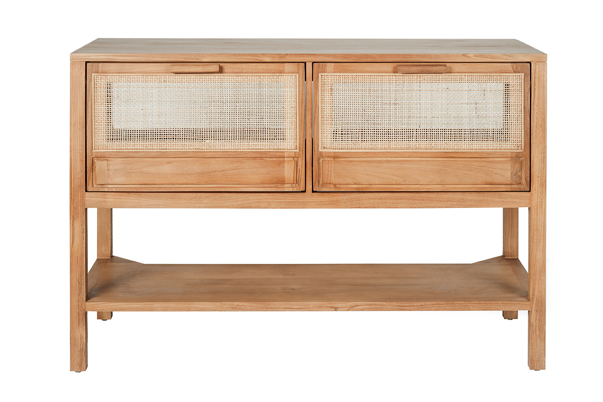 Badezimmerschrank RIVO aus massivem Teakholz und Rattangeflecht, Vorderansicht.