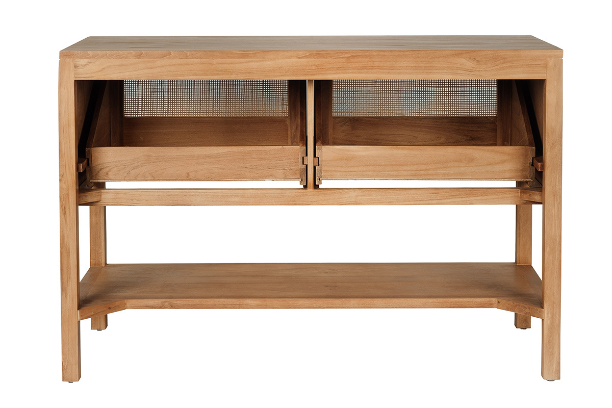 Badezimmerschrank aus massivem Teakholz und Rattan-Geflecht, R�ckansicht, mit ge�ffneten Schubladen.