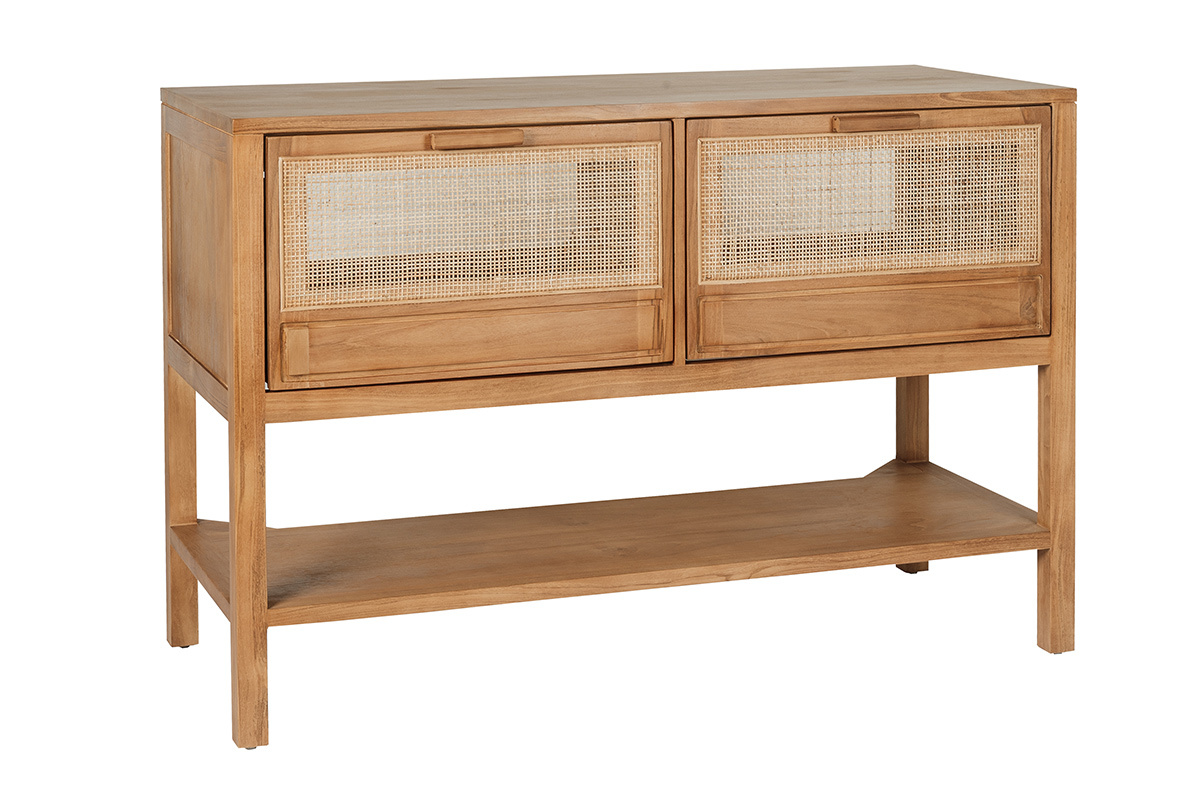 Badezimmerm�bel RIVO aus massivem Teakholz und Rattan-Geflecht, 3/4-Ansicht, mit Schubladen und Regal.
