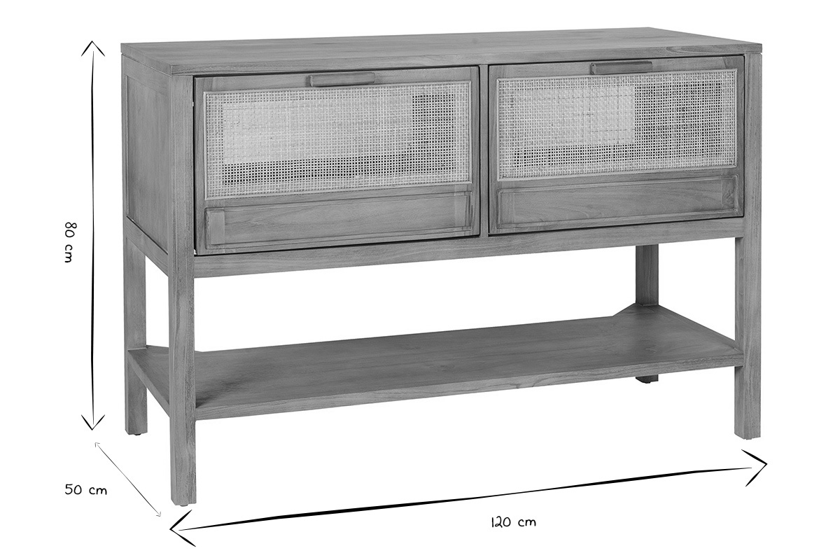 Abmessungen des Badezimmerschranks aus Teakholz und Rattan-Geflecht: B120 cm, H80 cm, T50 cm in Schwarz und Wei�.