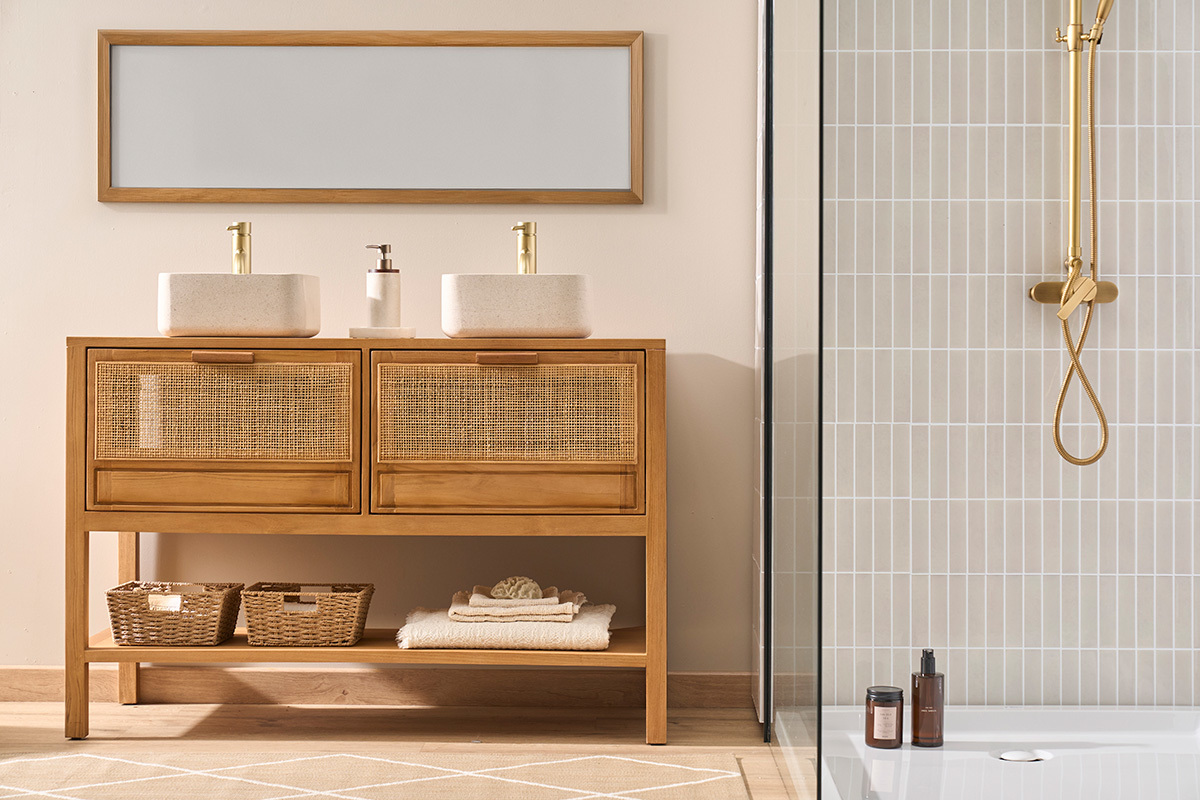 Massives Teakholz-Badezimmerm�bel mit Rattan-Geflecht L120 cm RIVO
