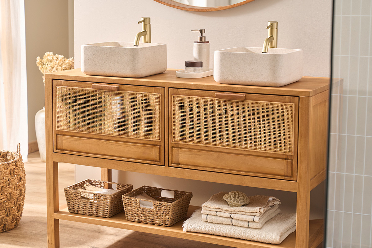 Massives Teakholz-Badezimmerm�bel mit Rattan-Geflecht L120 cm RIVO