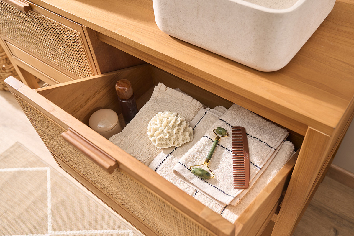 Massives Teakholz-Badezimmerm�bel mit Rattan-Geflecht L120 cm RIVO