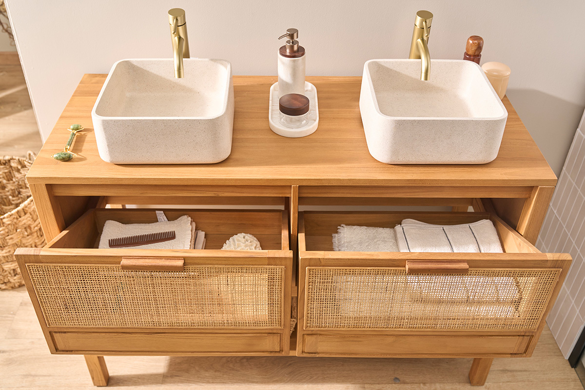 Massives Teakholz-Badezimmerm�bel mit Rattan-Geflecht L120 cm RIVO