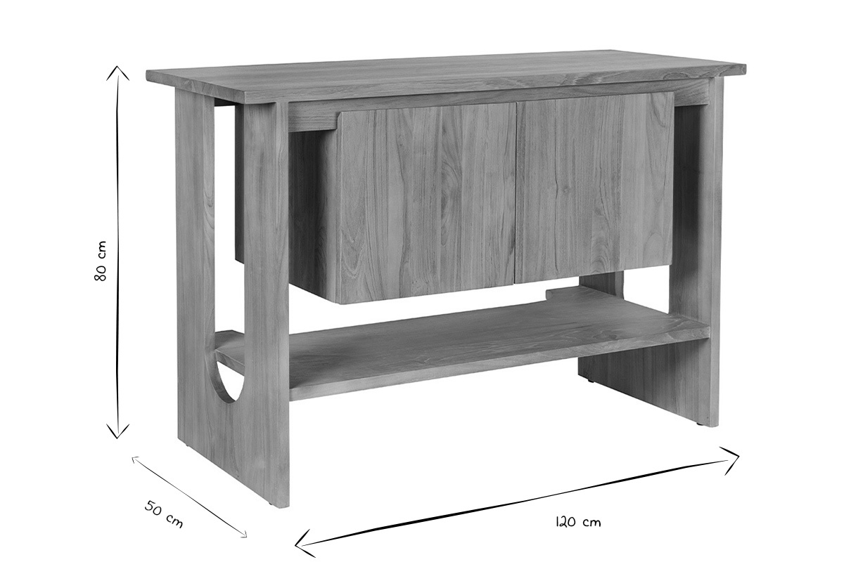 Abmessungen des Badezimmerschranks aus massivem Teakholz: L120 x T50 x H80 cm in Schwarz und Wei�.