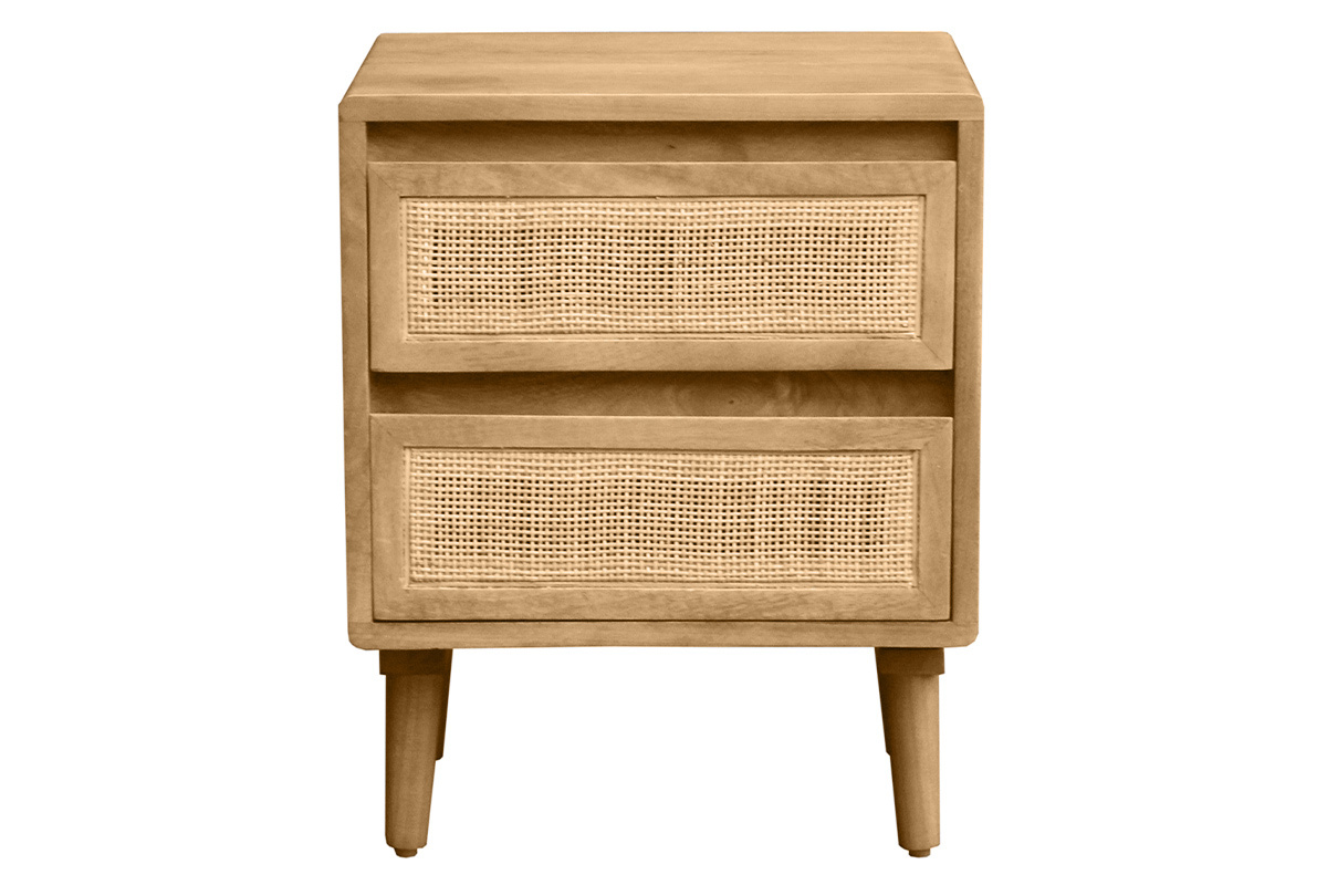 Nachttisch aus massivem Mangoholz mit Rattan-Geflecht, Frontansicht, zwei Schubladen.