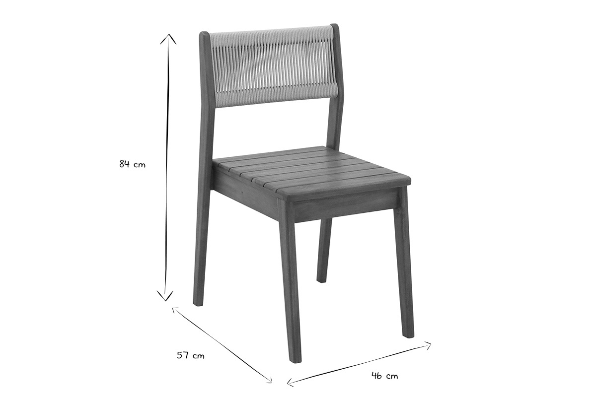 Gartenst�hle ZEPHYR aus Holz und Seil, Abmessungen 84x57x46 cm, Seitenansicht, schwarz und wei�.