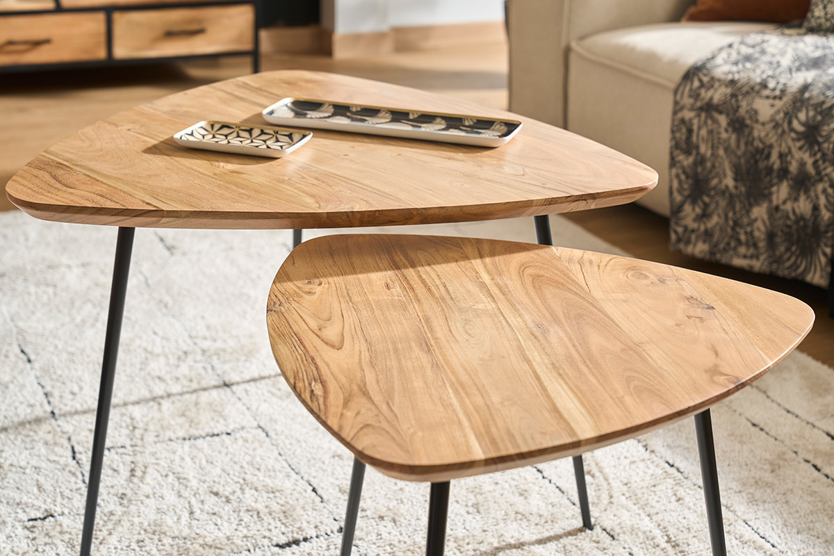 Massivholz und schwarzes Metall Couchtische (2er Set) STONES