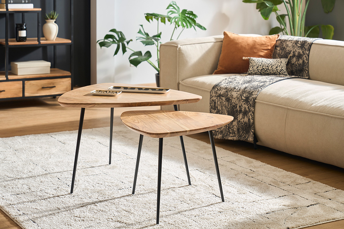 Massivholz und schwarzes Metall Couchtische (2er Set) STONES