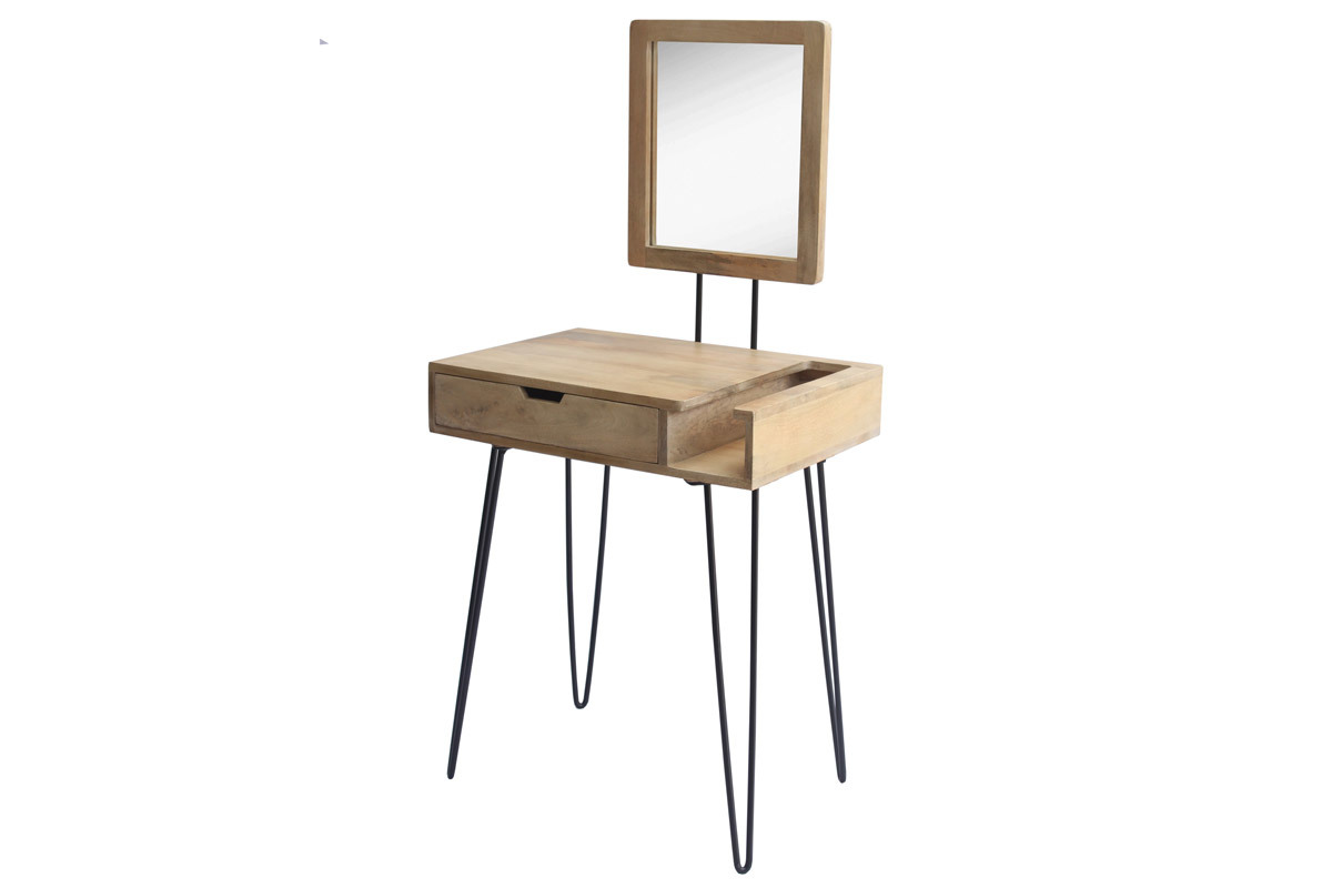 Moderner Frisiertisch aus Mangoholz mit Beinen aus schwarzem Metalldraht VIBES