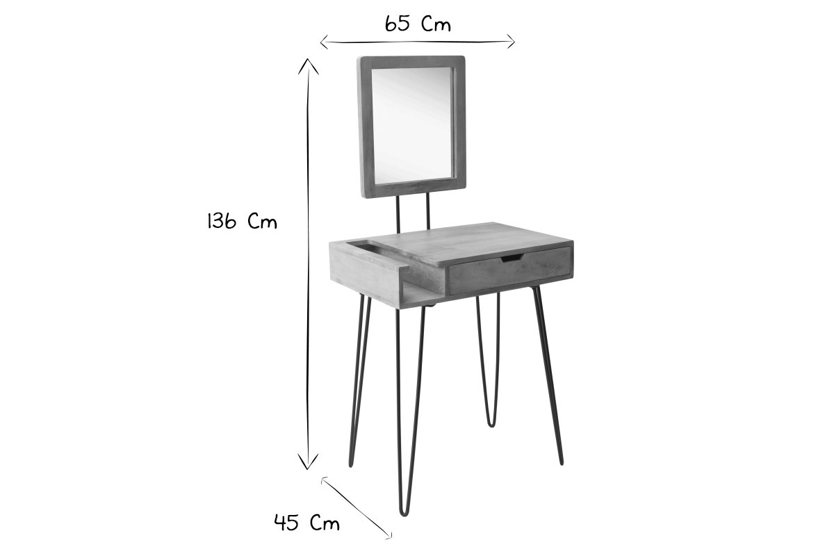 Moderner Frisiertisch aus Mangoholz mit Beinen aus schwarzem Metalldraht VIBES