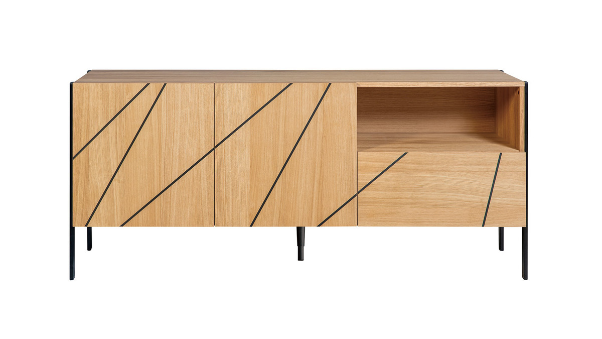 Modernes Sideboard mit eingraviertem Motiv in Eichenholz und schwarzes Metall B175 cm ICODE