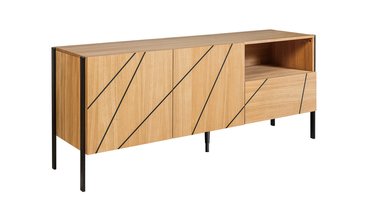 Modernes Sideboard mit eingraviertem Motiv in Eichenholz und schwarzes Metall B175 cm ICODE