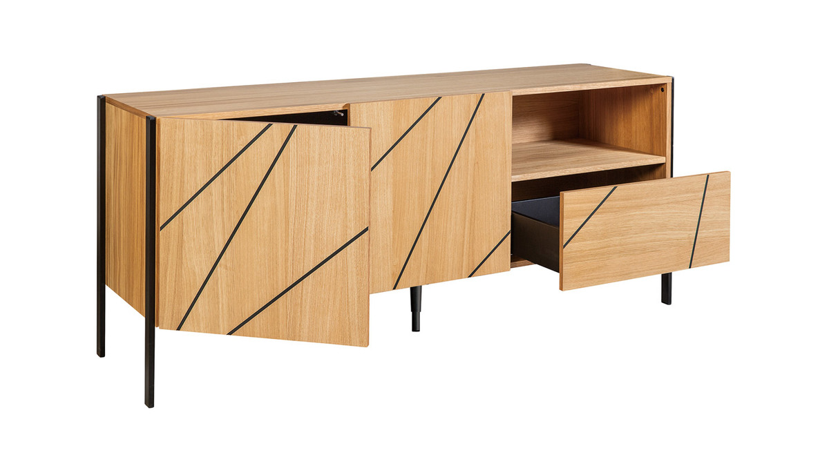 Modernes Sideboard mit eingraviertem Motiv in Eichenholz und schwarzes Metall B175 cm ICODE