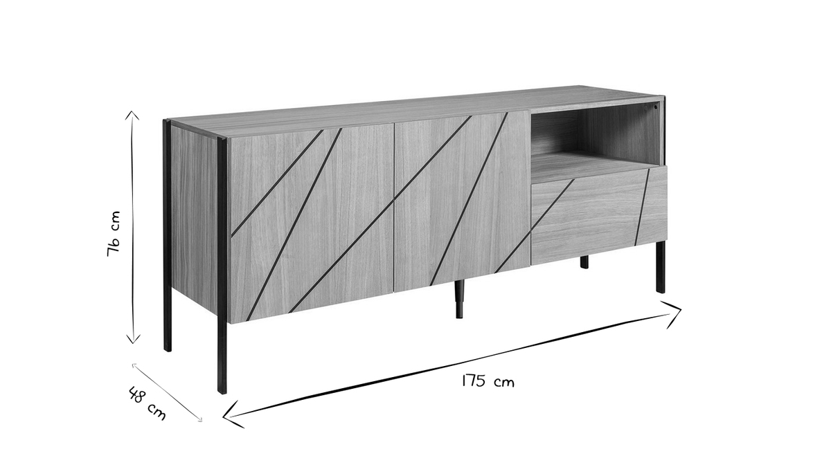 Modernes Sideboard mit eingraviertem Motiv in Eichenholz und schwarzes Metall B175 cm ICODE